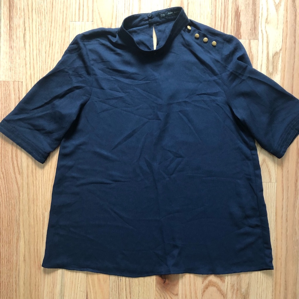 Zara Navy Blue Short Sleeve Blouse - XS